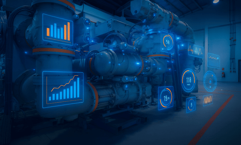 Gas-insulated switchgear with blue digital overlays showing sensor readings and graphs in an industrial facility